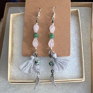 Elegant Silver and Green Beaded Tassel Earrings